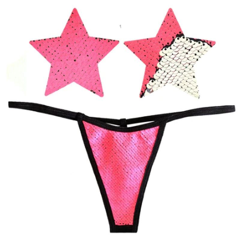 Neon Pink and Silver Blacklight Sequin Pastie and Panty Set > Clothes > Lingerie Sets Main image