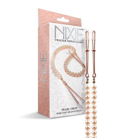 Nixie Adjustable Tweezer Clips with 13 Inch Pearl Strand Rose Gold Nipple Clips