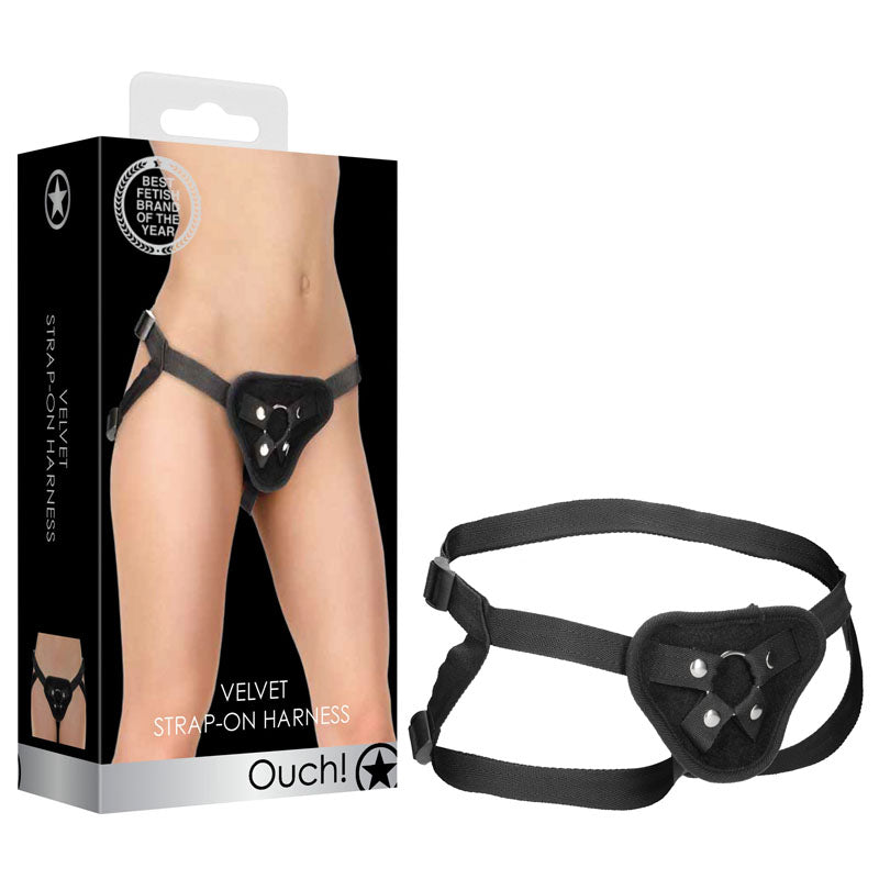 Ouch Velvet and Velcro Adjustable Harness with O-Ring – Strap-On Harness Black > Dildos > Strap On Harnesses