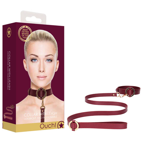 Ouch Halo Collar With Leash Burgundy Restraint BDSM Accessory Red BONDAGE-TOYS