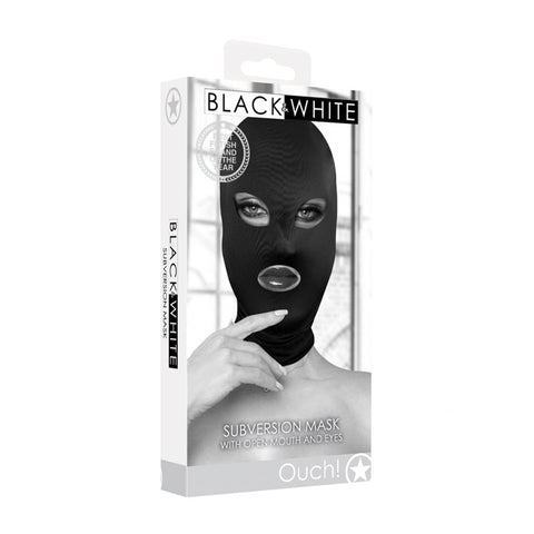 OUCH! Subversion Mask With Open Mouth - Hood Black > Bondage Gear > Bondage Hoods