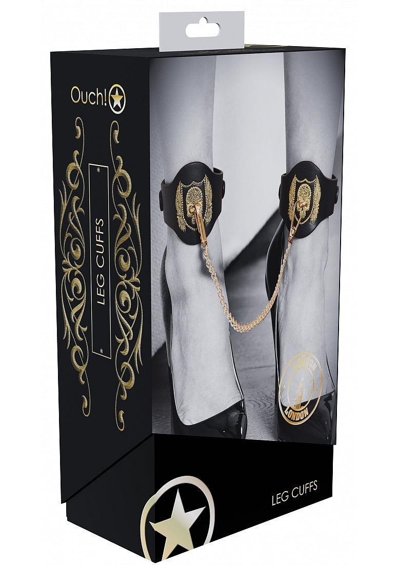 Ouch London Collection Leg Cuffs Black PU Leather with Iridescent Gold Chain