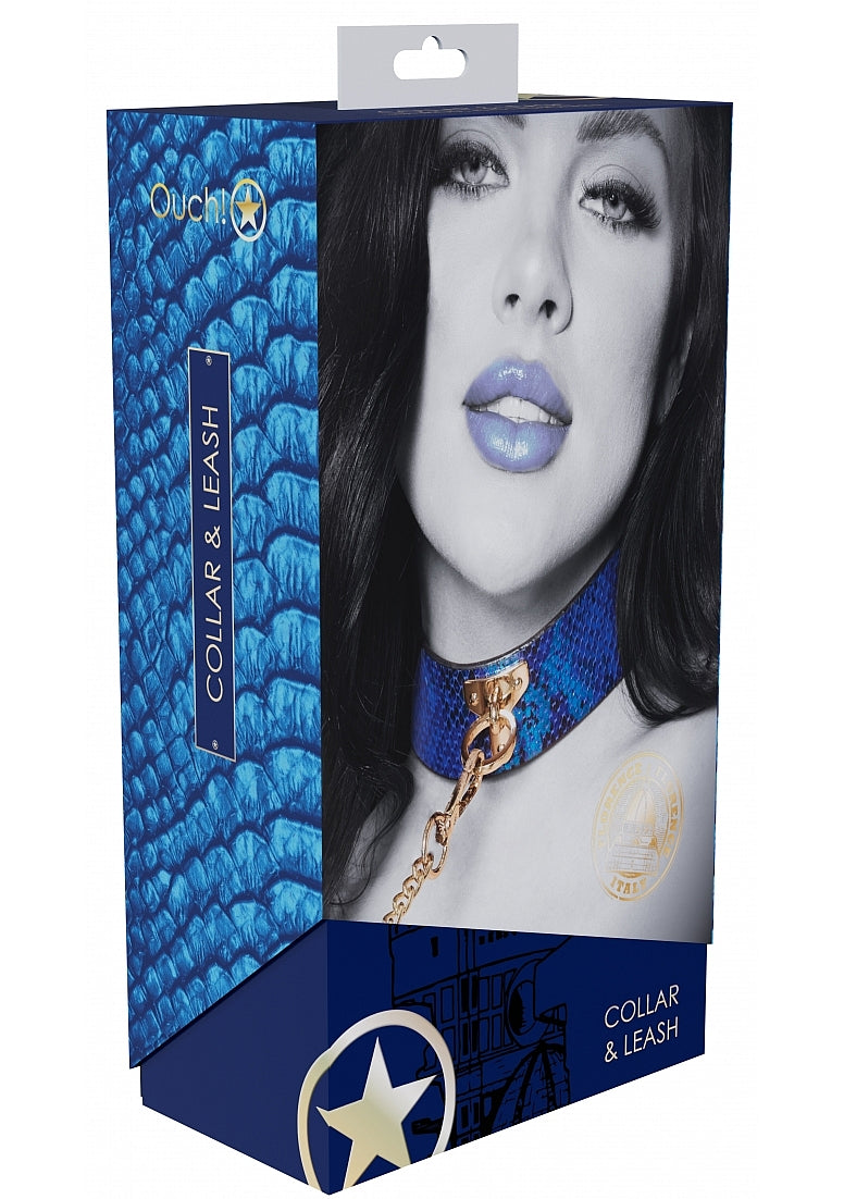 Ouch Florence Collection Collar with Leash Blue PU Leather with Iridescent Hardware Secondary image