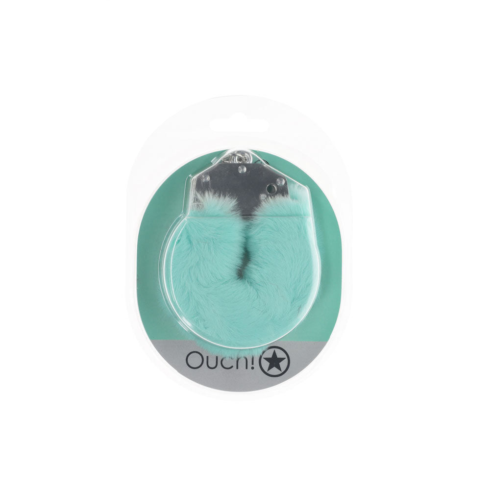 OUCH! Heavy-Duty Fluffy Cuffs - Powder Green - 24.2cm Restraints > Bondage Gear > Handcuffs