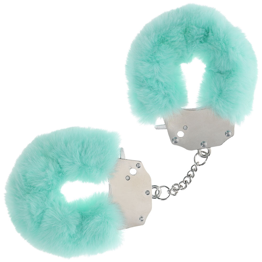 OUCH! Heavy-Duty Fluffy Cuffs - Powder Green - 24.2cm Restraints > Bondage Gear > Handcuffs
