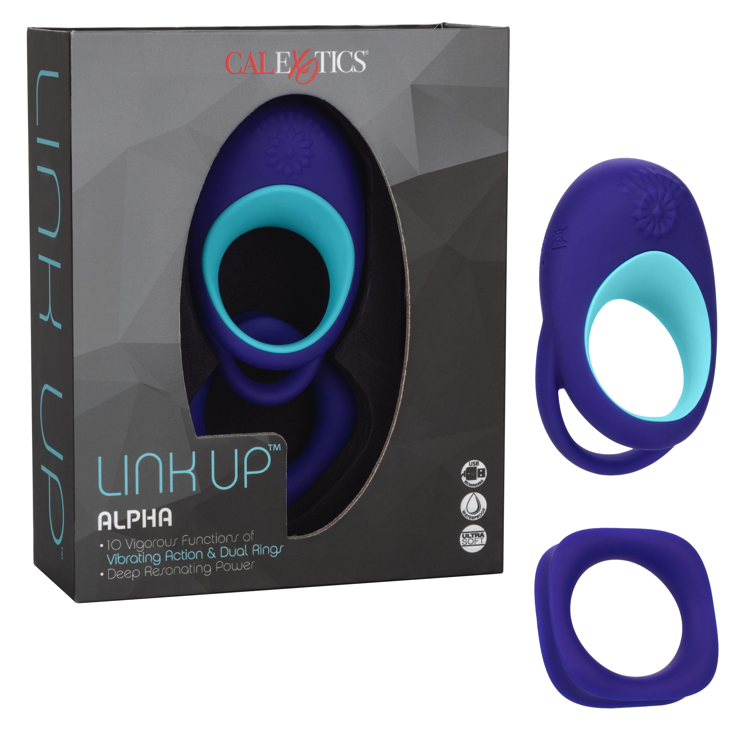Link Up Alpha Vibrating Couples Enhancer Ring Two-Piece Set Blue and Turquoise Waterproof Silicone > Sex Toys > Couples Toys