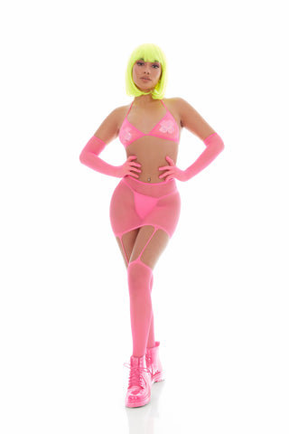 Pink Mesh Bling Ring Set with Pasties and Triangle Bikini Top Pink One Size Bodystocking