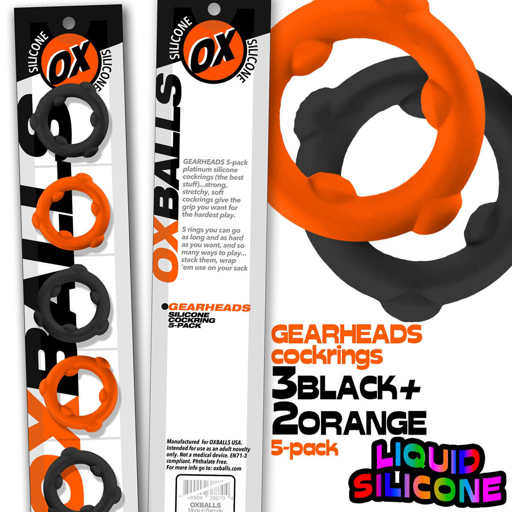 Gearheads 5 Pack Spinner Rings (Black Vapor) – Stretchy Silicone Cock Rings Orange > Cock Ring > Sets