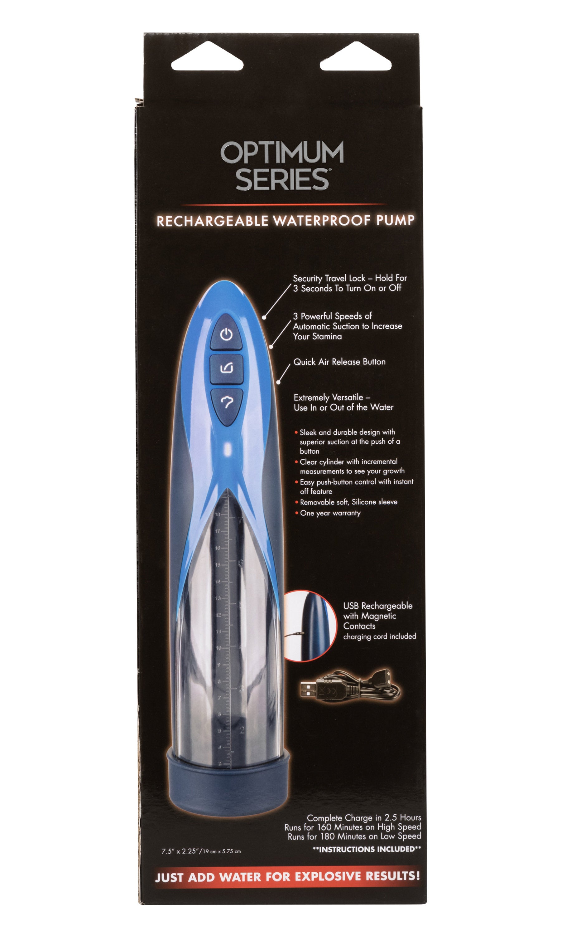 Optimum Series Rechargeable Waterproof Pump with Silicone Donut Base and USB Charging, Blue and Clear, Medium Size PUMPS Male Electric