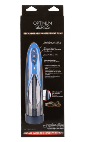 Optimum Series Rechargeable Waterproof Pump with Silicone Donut Base and USB Charging, Blue and Clear, Medium Size PUMPS Male Electric