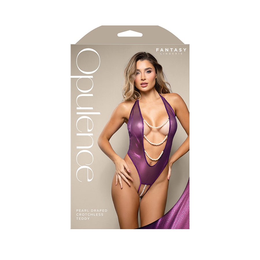Opulence Pearl Draped Crotchless Teddy (Purple S/M) – Erotic Clothing Teddies