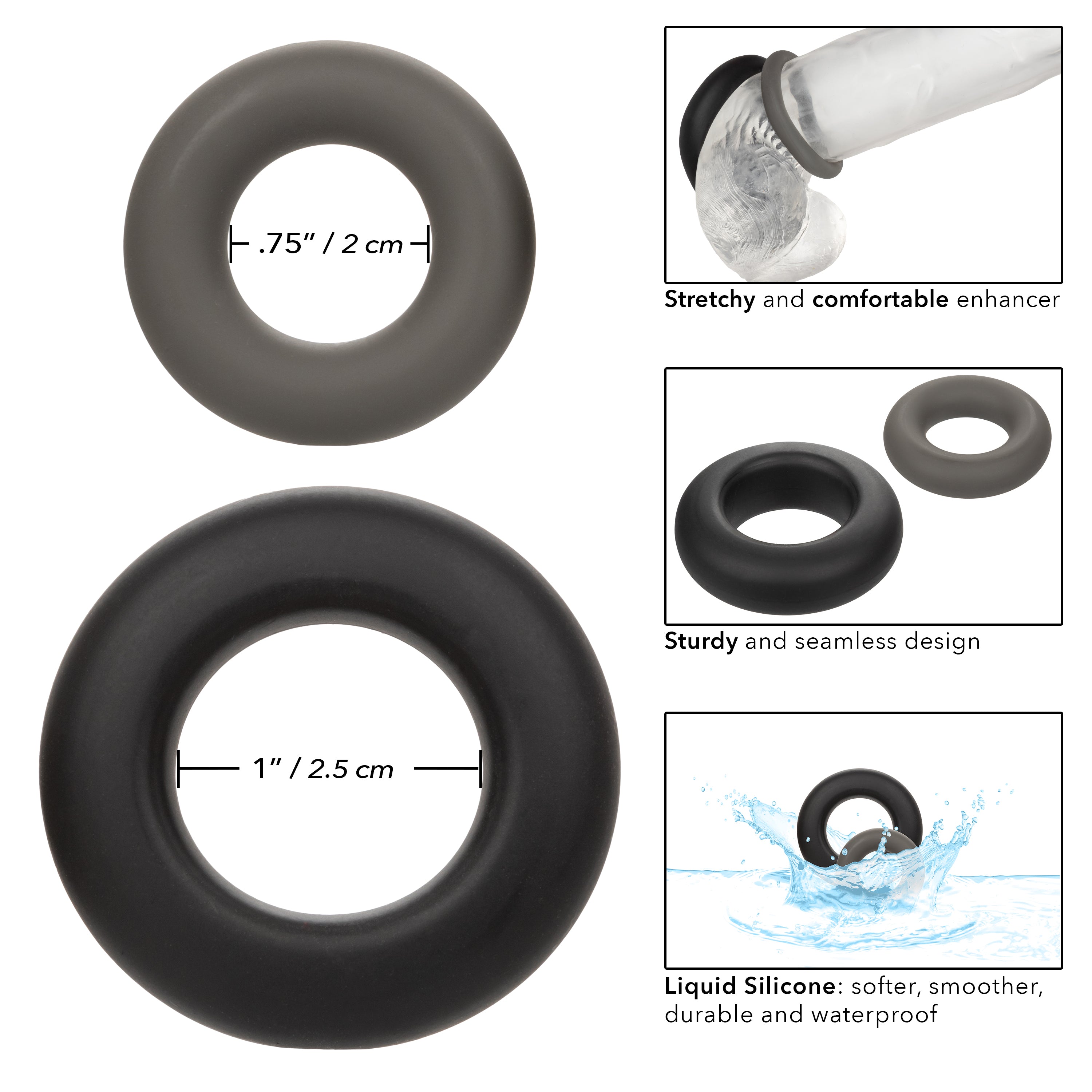Alpha Liquid Silicone Prolong Set of 2 Stretchy Comfortable Rings in Black, Small 0.75” and Large 1” Diameter COCK RING Set