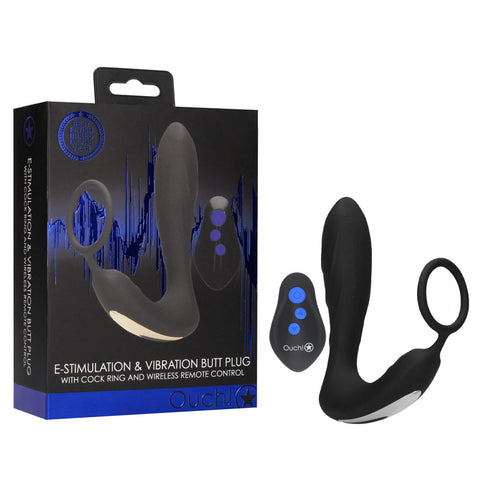 Ouch E-Stim Vibrating Butt Plug and Cock Ring Black Black E-STIM TOYS