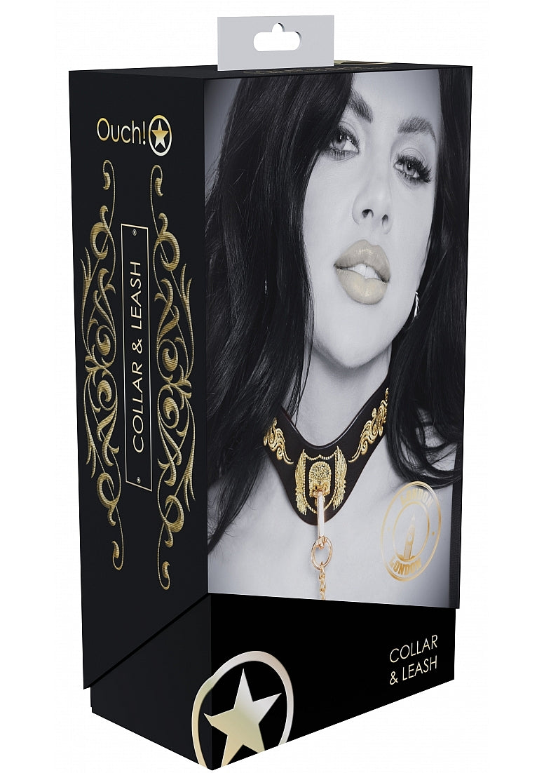 Ouch London Collection Collar with Leash Black PU Leather with Gold Embroidery and Iridescent Hardware > Bondage Gear > Collars & Leashes Main image