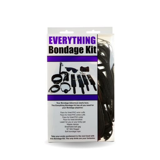 Bizarre Video Everything Bondage Kit Black Faux-Fur Lined PVC Wrist and Ankle Cuffs Collar Blindfold Leash Nipple Clamps Ball Gag Mini Flogger Soft Bondage Rope Default Title KITS