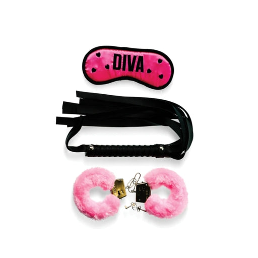 Bizarre Video Diva Bondage Kit with Pink Satin Blindfold, Faux-Fur Lined Handcuffs, and Black PVC Mini Flogger Default Title > Bondage Gear > Bondage Kits
