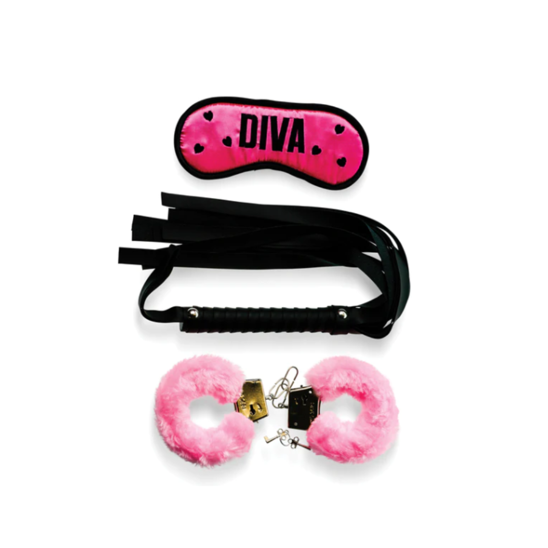 Bizarre Video Diva Bondage Kit with Pink Satin Blindfold, Faux-Fur Lined Handcuffs, and Black Mini Flogger > Bondage Gear > Bondage Kits