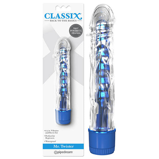 Classix Mr Twister - Metallic Blue 6'' Vibrator with Clear Sleeve