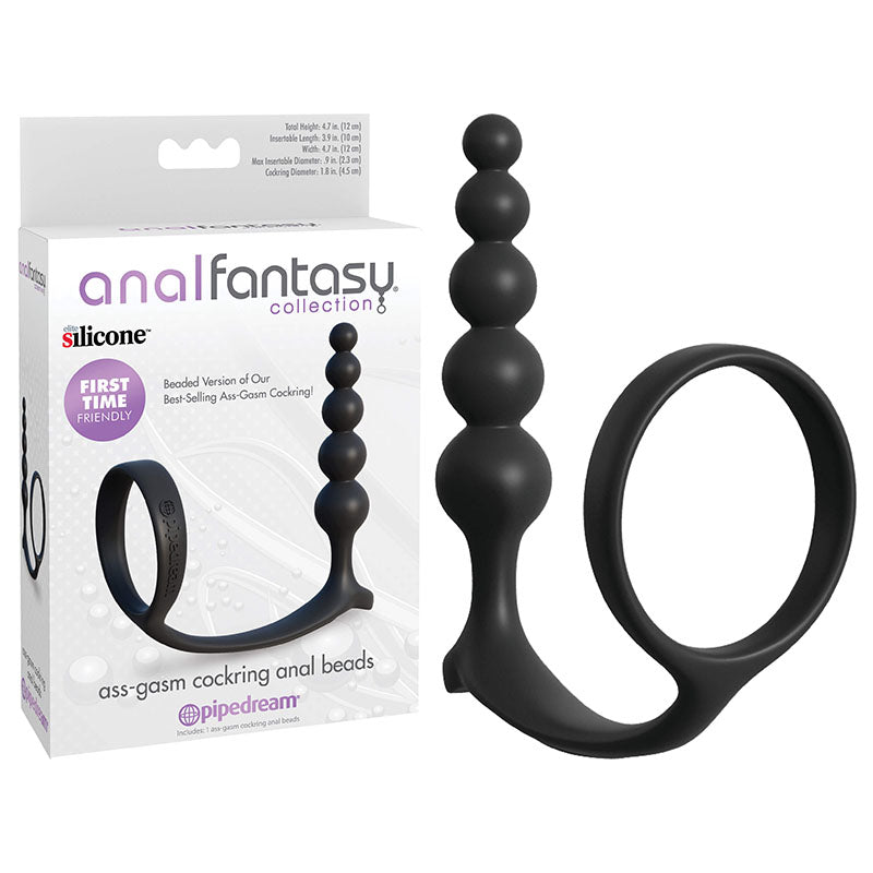 Anal Fantasy Collection Ass-Gasm Beaded Cockring with Anal Plug – Silicone Cockring and Anal Beads Black > Anal Range > Prostate Plugs Main image