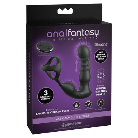 Anal Fantasy Elite Ass-Gasm Slide & Glide – USB Rechargeable Prostate Massager with Cock Ring Black > Anal Range > Prostate Plugs