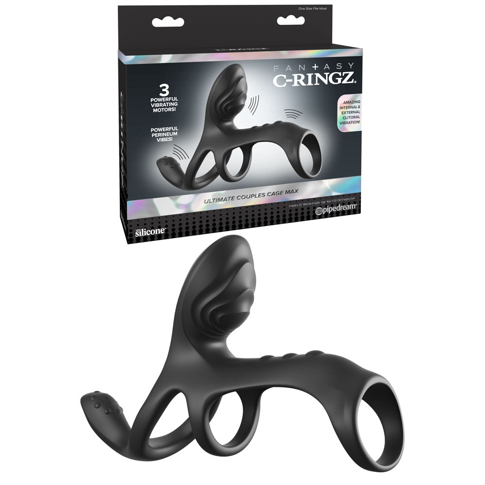 Fantasy C-Ringz Ultimate Couples Cage – USB Rechargeable Triple Motor Vibrating Cock Ring Cage Black > Cock Ring > Vibrating