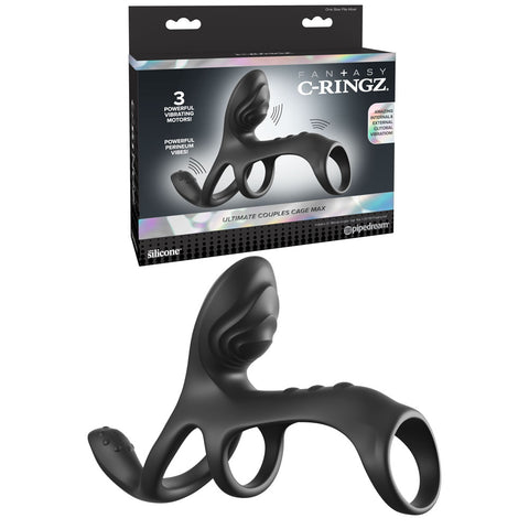 Fantasy C-Ringz Ultimate Couples Cage – USB Rechargeable Triple Motor Vibrating Cock Ring Cage Black > Cock Ring > Vibrating