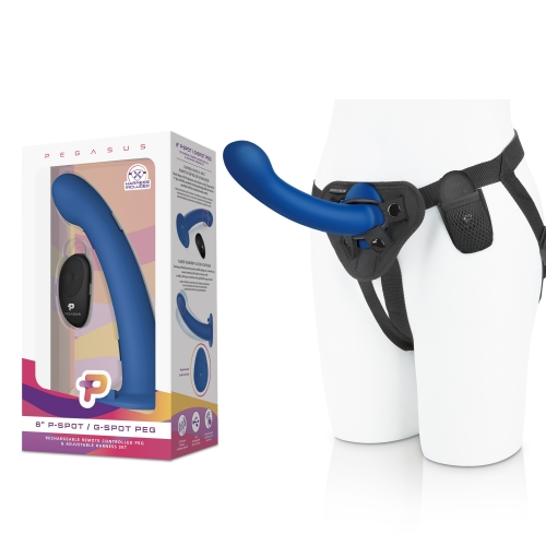 Pegasus 8 Inch Remote Control Blue P-Spot G-Spot Silicone Peg with Harness Included Default Title > Dildos > Strap On Harnesses