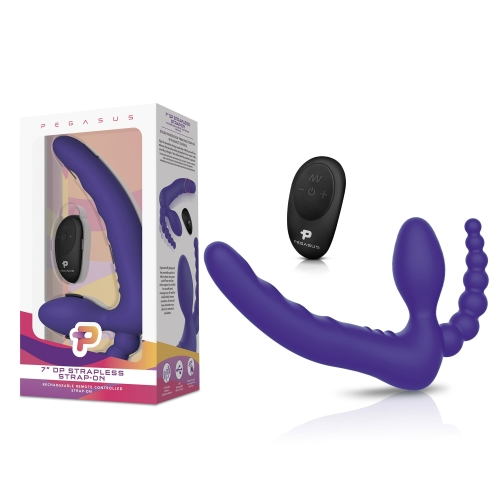 Pegasus 7 Inch Purple Remote Control Strapless Dual Penetration Silicone Strap On Secondary image