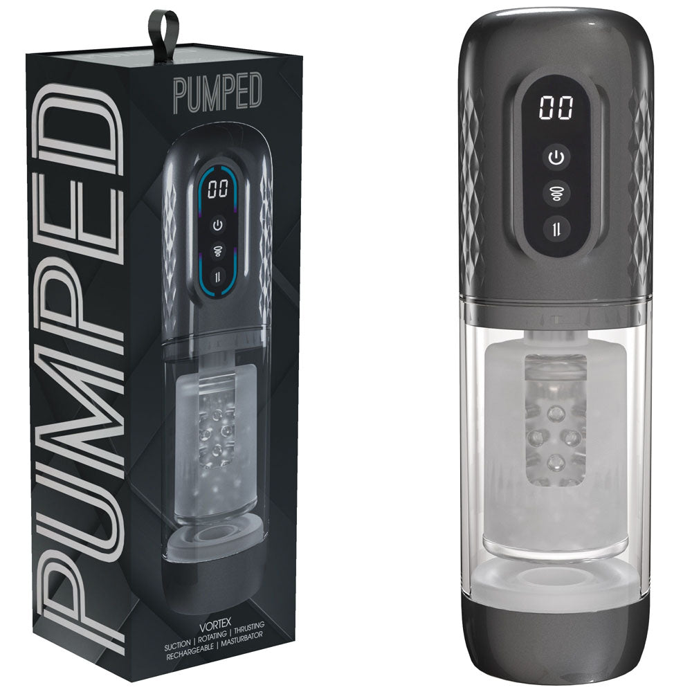 PUMPED Vortex - Gunmetal - Gunmetal Grey/Clear USB Rechargeable Sucking Rotating and Thrusting Auto Masturbator Grey > Sex Toys For Men > Masturbators > Vibrating Main image