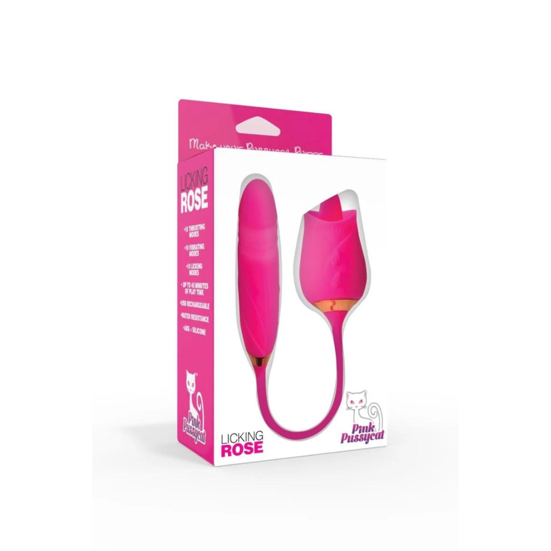 Pink Pussycat Licking Rose Vibrator with Tongue-Like Stimulator Default Title STIMULATORS