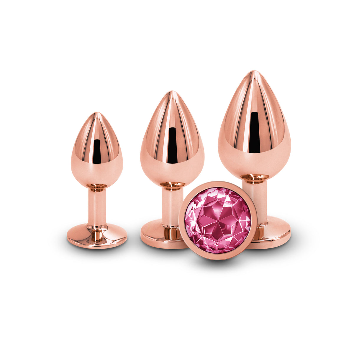 Rear Assets Trainer Kit - Set of 3 (Small 2.79", Medium 3.23", Large 3.74") with Pink Gems Rose Gold > Anal Range > Butt Plug Kits