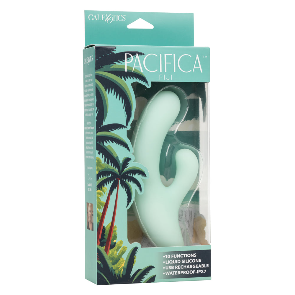 Pacifica Fiji Dual Stimulator in Mint Green with 10 Vibration Functions, Liquid Silicone, USB Rechargeable, Waterproof IPX7, 7.5 Inches VIBRATORS-RABBIT