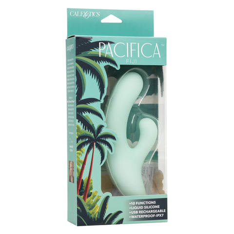 Pacifica Fiji Dual Stimulator in Mint Green with 10 Vibration Functions, Liquid Silicone, USB Rechargeable, Waterproof IPX7, 7.5 Inches VIBRATORS-RABBIT