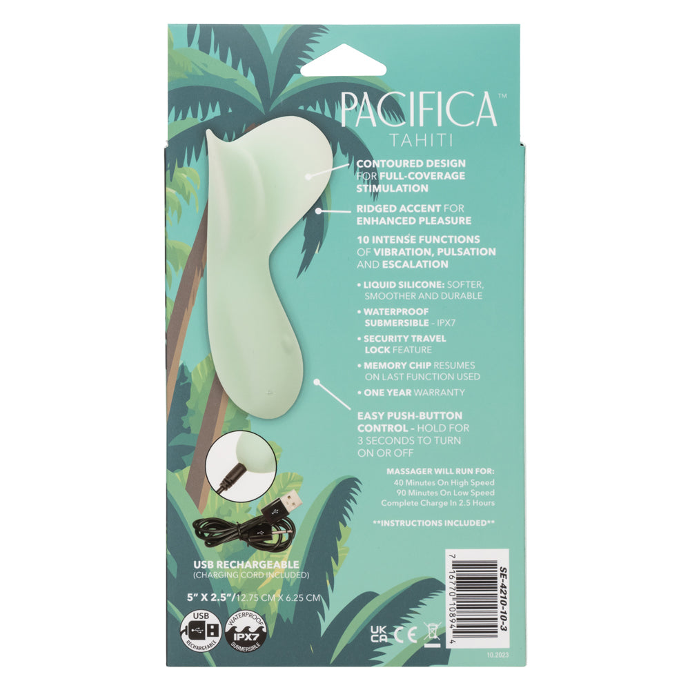 Pacifica Tahiti Full Coverage Massager in Mint Green with 10 Functions, Liquid Silicone, USB Rechargeable, Waterproof IPX7 Vibrators