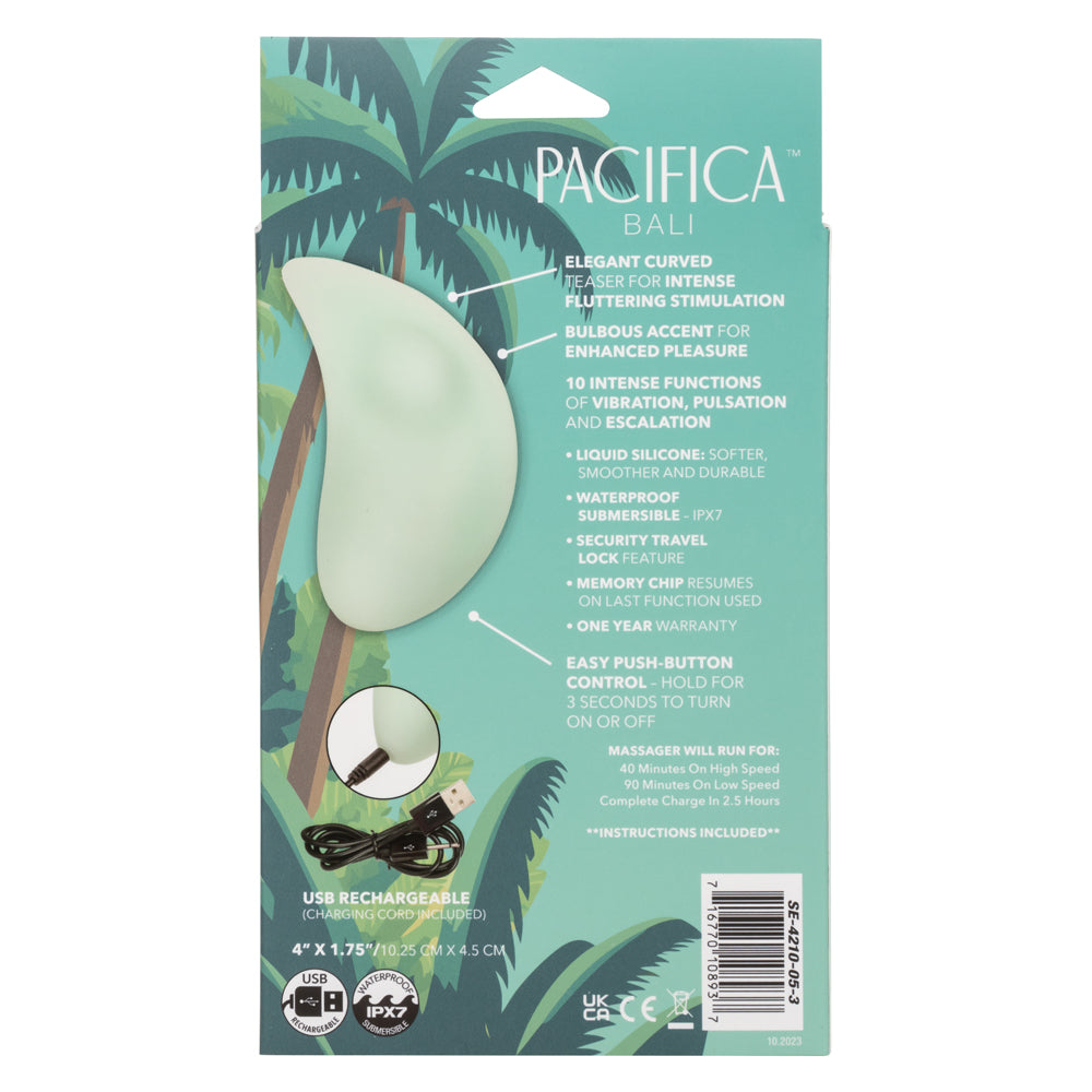 Pacifica™ Bali Curved Teaser in Mint Green Liquid Silicone with 10 Intense Functions, USB Rechargeable and Waterproof IPX7 Vibrators