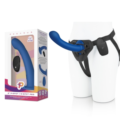 Pegasus 8 Inch Remote Control Blue P-Spot G-Spot Silicone Peg with Harness Included STRAP-ONS