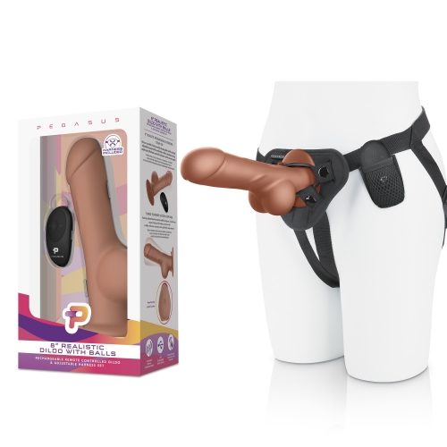 Pegasus 8 Inch Remote Control Realistic Silicone Dildo with Balls and Adjustable Harness Brown > Dildos > Strap On Harnesses Main image