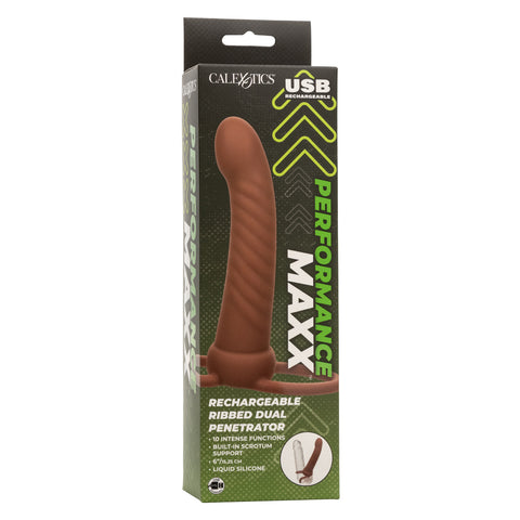 Performance Maxx Rechargeable Ribbed Dual Penetrator Toy Brown Vibrators