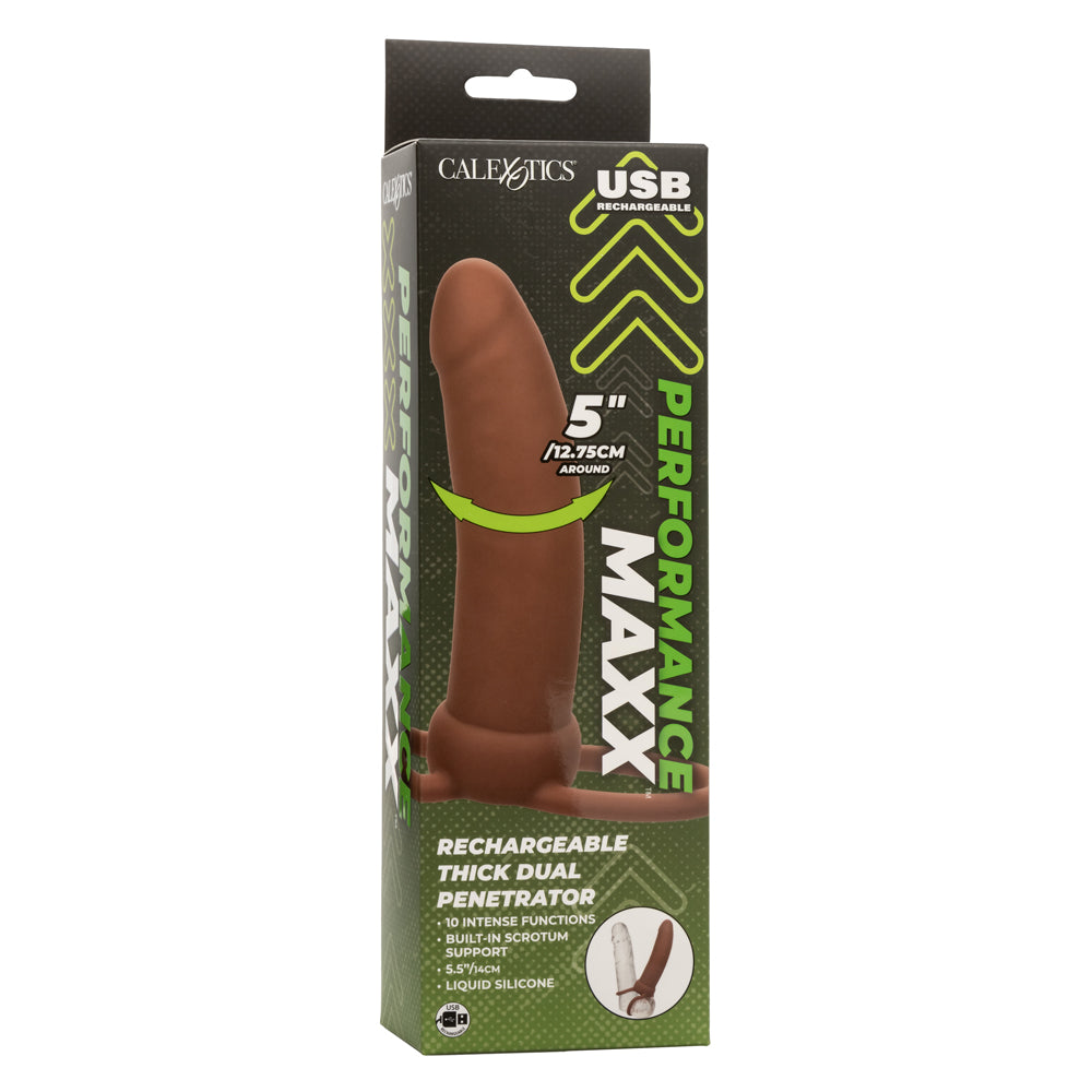 Performance Maxx Rechargeable Thick Dual Penetrator 5 Inch Brown Liquid Silicone with USB Charging and Scrotum Ring Vibrators