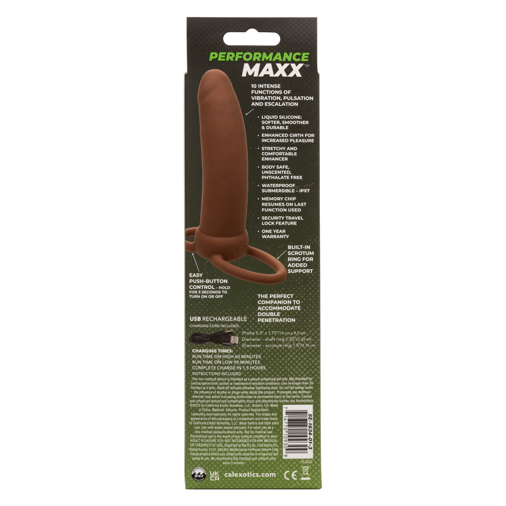 Performance Maxx Rechargeable Thick Dual Penetrator 5 Inch Brown Liquid Silicone with USB Charging and Scrotum Ring Vibrators