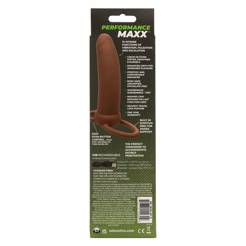 Performance Maxx Rechargeable Thick Dual Penetrator 5 Inch Brown Liquid Silicone with USB Charging and Scrotum Ring Vibrators