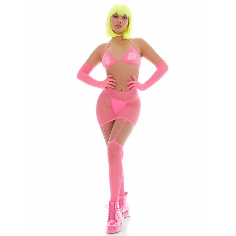 Pink Mesh Bling Ring Set with Pasties and Triangle Bikini Top Bodystocking