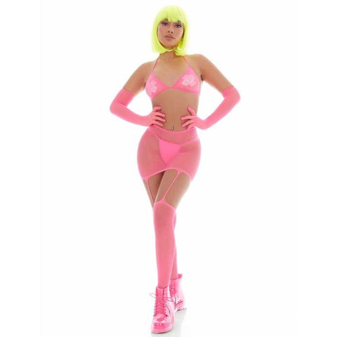 Pink Mesh Bling Ring Set with Pasties and Triangle Bikini Top Bodystocking