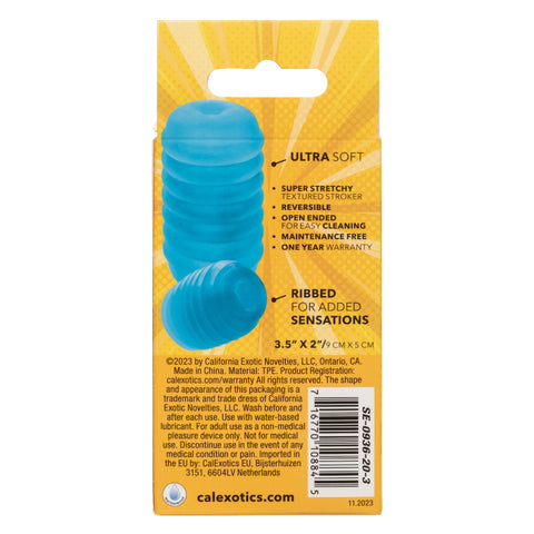 Pop Sock Ribbed Blue Versatile Reversible Stroker 3.5 Inch by 2 Inch Soft Stretchy TPE Strokers - Cup|Egg
