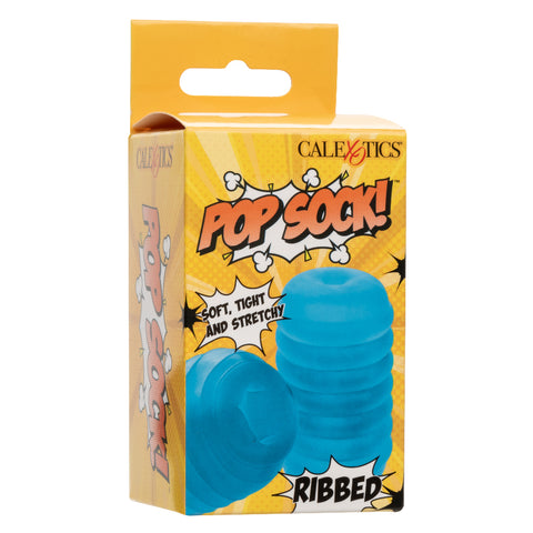 Pop Sock Ribbed Blue Versatile Reversible Stroker 3.5 Inch by 2 Inch Soft Stretchy TPE Strokers - Cup|Egg