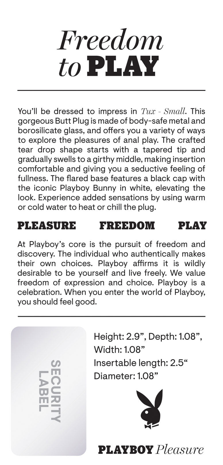 Playboy Pleasure Tux Small Metal Butt Plug 7.4 cm Size Chrome > Anal Range > Jewel Butt Plugs