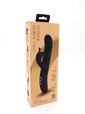 Power Surge Two Black USB Rechargeable Rabbit Vibrator with 4 Thrusting Speeds and 7 Vibration Modes, Waterproof, Body-Safe Silicone, Travel Lock VIBRATORS-RABBIT