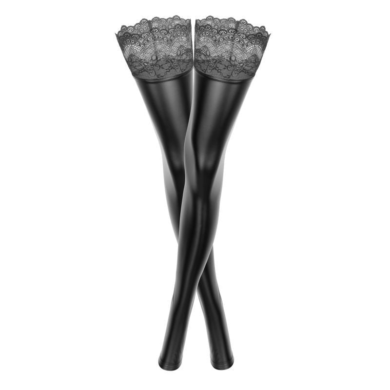 Noir Power Wetlook Stockings with Silicone Lace Band for Hold – Hosiery > Clothes > Hosiery > Stockings