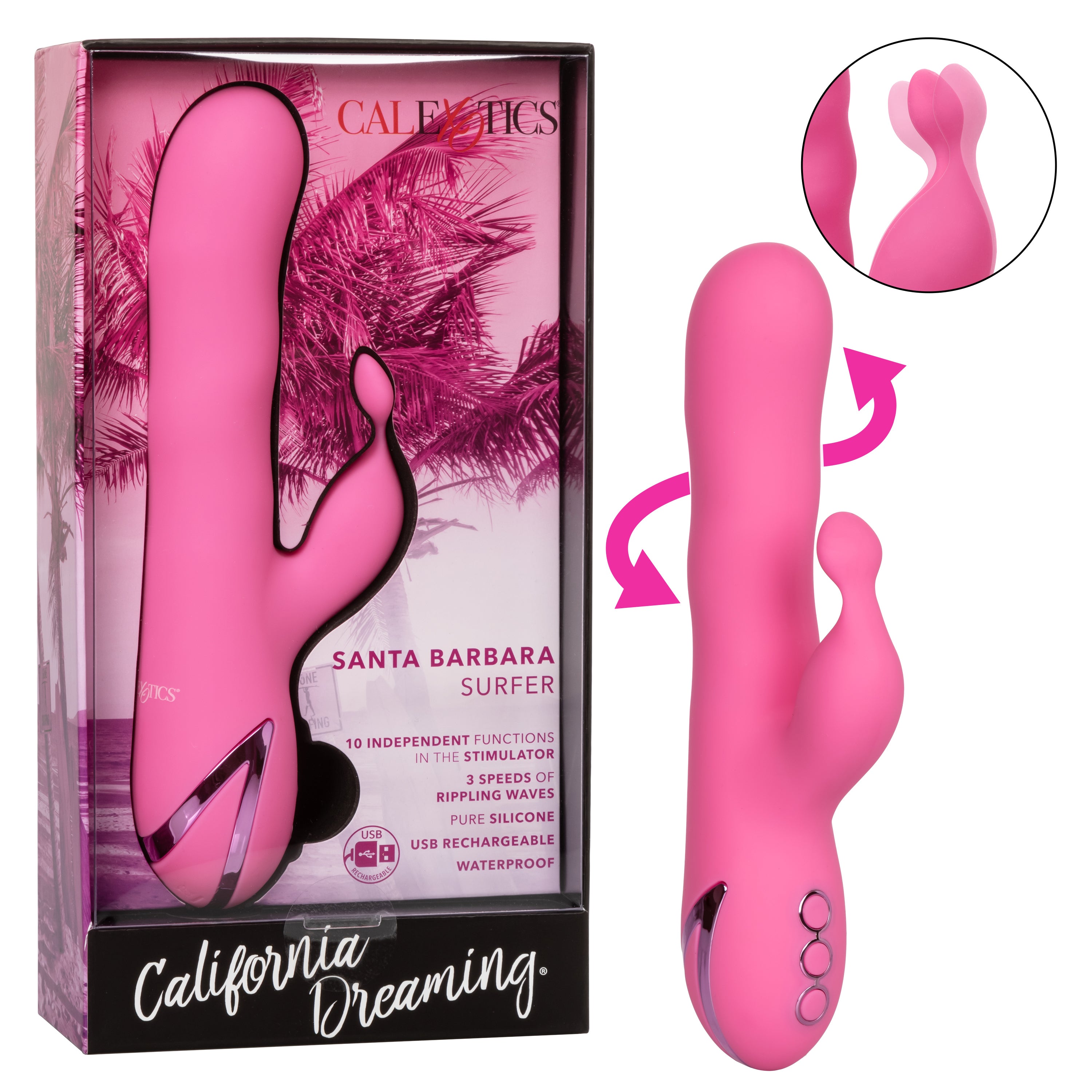 California Dreaming Santa Barbara Surfer Pink Silicone Massager with 10 Vibration Modes and 3 Rippling Speeds, USB Rechargeable and Waterproof VIBRATORS-RABBIT