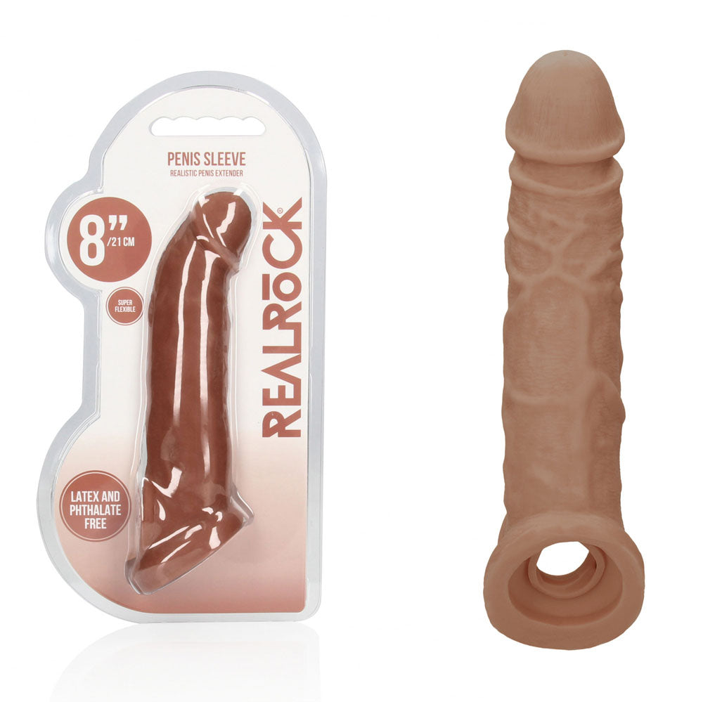 Realrock 8 Inch Realistic Penis Extender with Rings – Penis Extension Sleeve Tan > Sex Toys For Men > Penis Sleeves Main image